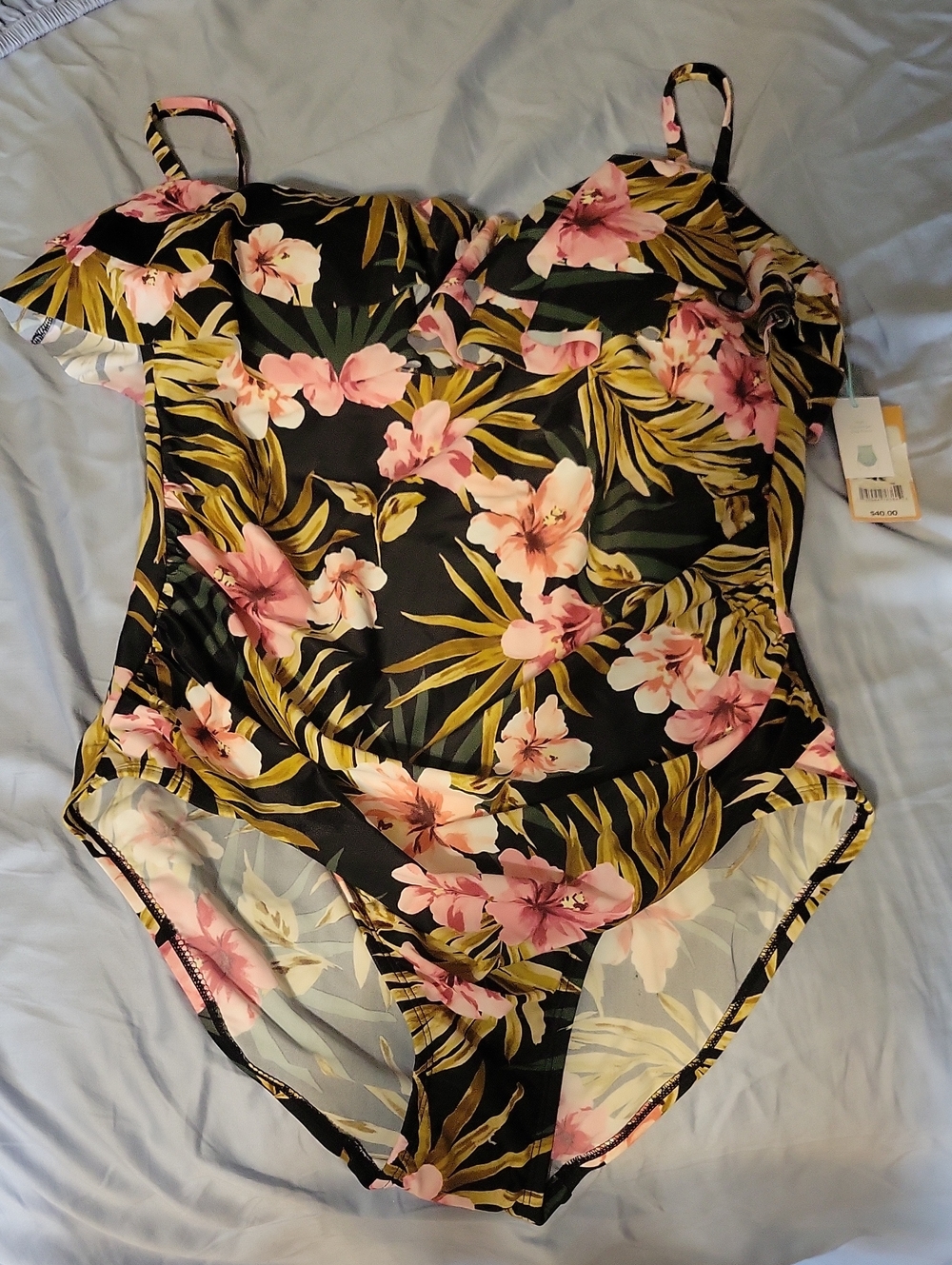 Kona Sol Black Floral One-Piece Swimsuit with Pink & Gold Leaf Print